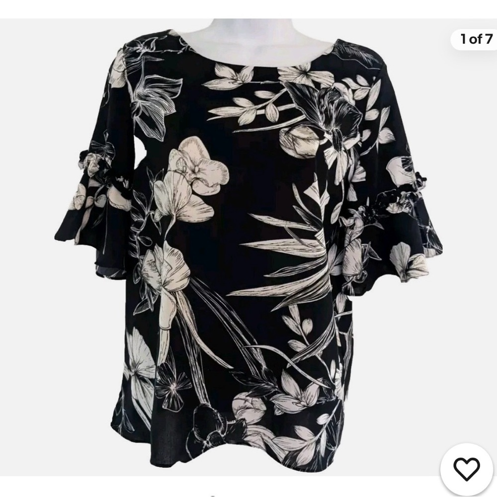 Patrizia Luca Black Floral Ruffle-Sleeve Blouse